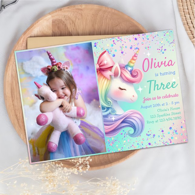 Unicorn Girl Magic Pastel Rainbow Birthday Photo Inbjudningar (Skapare uppladdad)