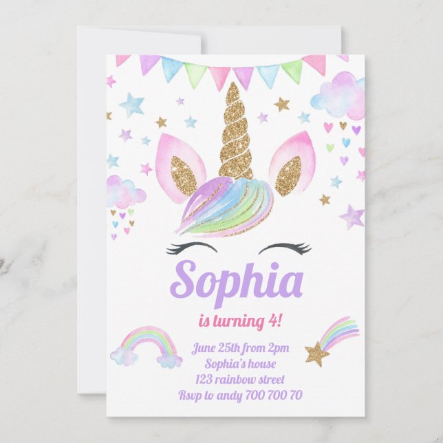Unicorn Girl Magic Pastel Rainbow Rosa Birthday Inbjudningar (Framsida)