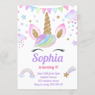 Unicorn Girl Magic Pastel Rainbow Rosa födelsedag Inbjudningar