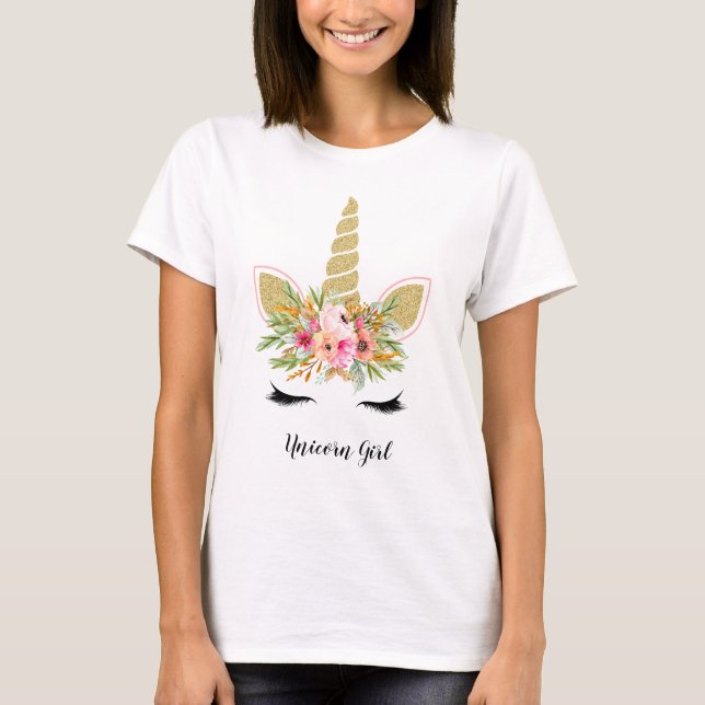 Unicorn Girl Outfit Loely Guld Glitter Bouquet T Shirt (Framsida)