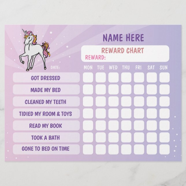 Unicorn Girl Reward Chart Personlig Planner Reklamblad (Framsidan)