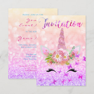 Unicorn Girl Ro Rosa Glitter LashRainbow Glam Inbjudningar