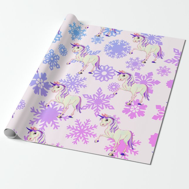 Unicorn Girl Whimsical Rosa Cute Snöflingor Presentpapper (Utrullad)