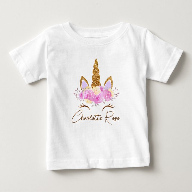 Unicorn Girls i personlig Namn Blommigt T Shirt (Framsida)