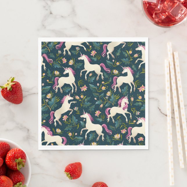 Unicorn Girls Tecknad Blommigt Background Mönster Pappersservett (Insitu)