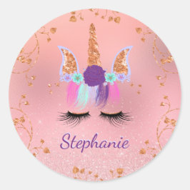 Unicorn Girly Rosa Glitter Ro Guld Runt Klistermärke