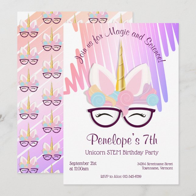Unicorn Glasses Magic STEM Birthday-inbjudan Inbjudningar (Fram/baksida)