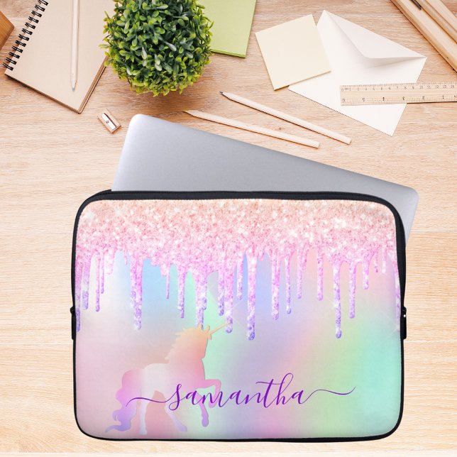 Unicorn glitter droppar regnbåge namn iridescent laptop fodral (Skapare uppladdad)