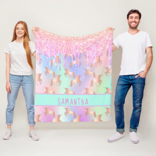 Unicorn glitter droppar regnbåge rosa monogram tje fleecefilt