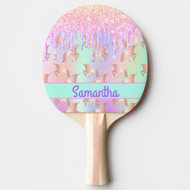 Unicorn glitter droppar rosa Girl namn Pingisracket (Framsidan)