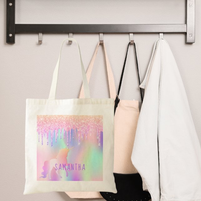 Unicorn glitter droppar rosa lila namn tygkasse (Skapare uppladdad)
