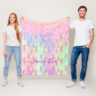 Unicorn glitter droppar rosa namn holografiskt skr fleecefilt