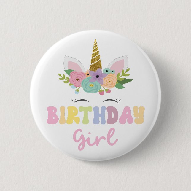 Unicorn Glitter Flower Rainbow Birthday Girl Party Knapp (Framsida)