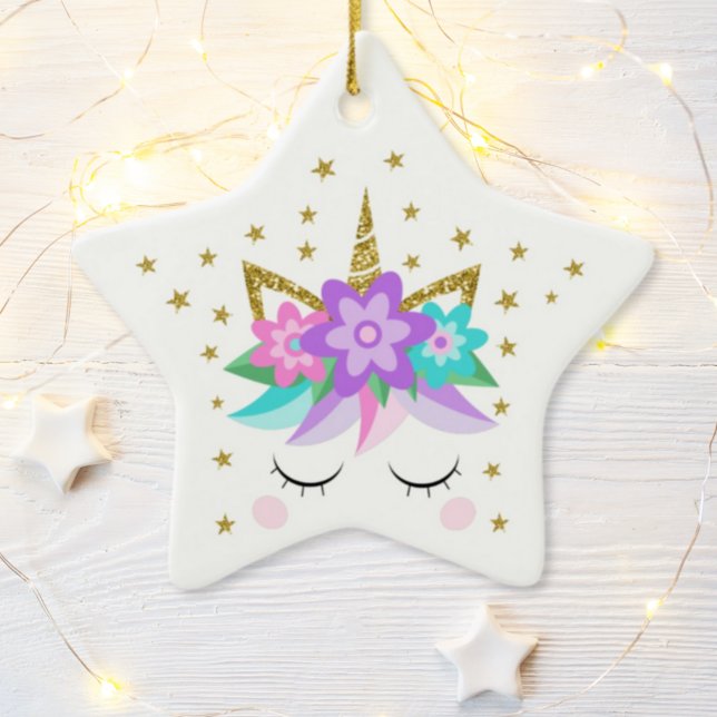 Unicorn Glitter Flowers Stars Personlig Julgransprydnad Keramik (Skapare uppladdad)