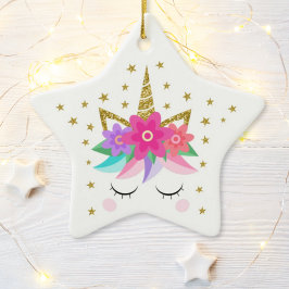 Unicorn Glitter Flowers Stars Personlig Julgransprydnad Keramik