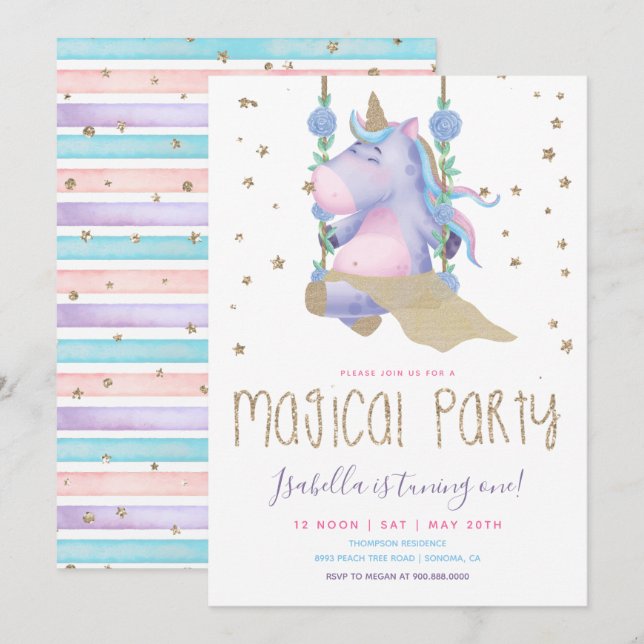 Unicorn Glitter Magic Girl Födelsedagsfest Inbjudningar (Fram/baksida)