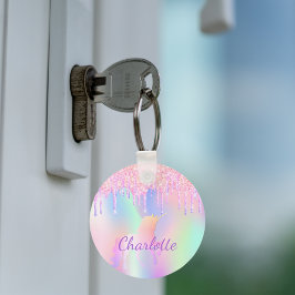 Unicorn glitter rainbow monogram namn holografi nyckelring