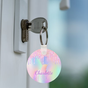 Unicorn glitter rainbow monogram namn holografi nyckelring