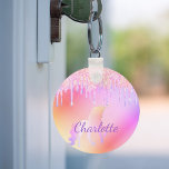 Unicorn glitter rainbow monogram namn holografi nyckelring<br><div class="desc">En holografisk trendig med enmajs och regnbåge pastel färg i rosa,  lila och ro guld. Dekorerad med faux glitter-droppar i ro guld,  rosa och lila. Anpassa och lägg till ditt namn. Lila färgad brev. Lite dagligt glam för att göra din dag ljusare!</div>