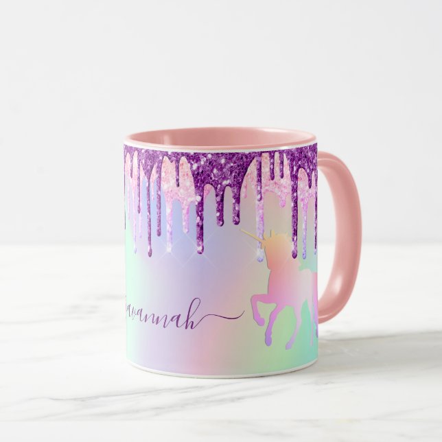 Unicorn glitter rainbow rosa monogram holografi mugg (Framsida höger)