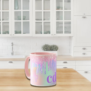 Unicorn glitter rainbow rosa monogram holografi mugg