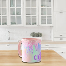 Unicorn glitter rainbow rosa monogram holografi mugg