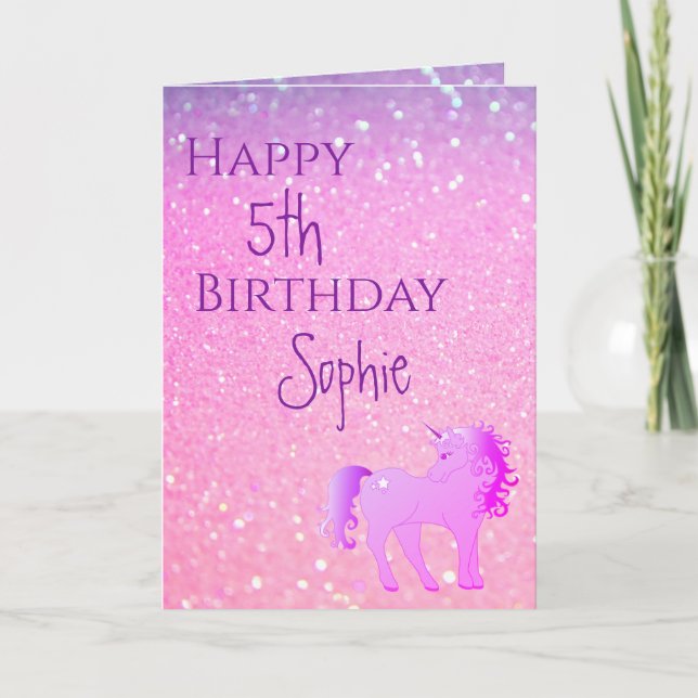 Unicorn Glitter Rosa Lila Cute Girl Age Birday Kort (Framsida)