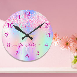 Unicorn glitter rosa lila monogram namn rund klocka