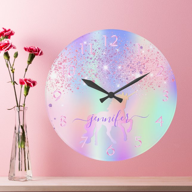 Unicorn glitter rosa lila monogram namn stor klocka (Skapare uppladdad)