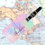 Unicorn glitter rosa rainbow hologragram monogram bagagebricka<br><div class="desc">Trendigets holografiska färgad med enmajs och regnbåge pastel färg i rosa,  lila,  ro guld,  myntgrönt. Dekorerad med faux glitter-droppar i ro guld,  rosa,  lila. Anpassa och lägg till en namn på framsidan. Lägg till kontaktinformationen på baksidan.</div>