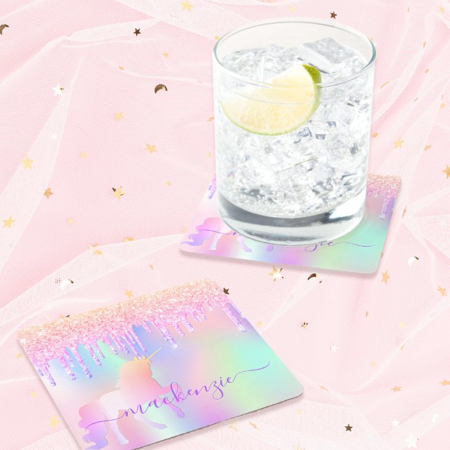 Unicorn glitter rosa ro guld monogram underlägg papper kvadrat (Skapare uppladdad)