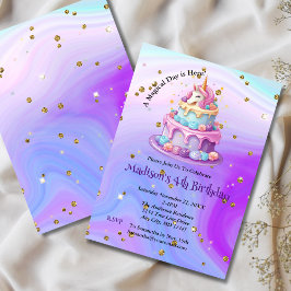 Unicorn Gnistra Blue Lila Cake 4e födelsedagen Inbjudningar