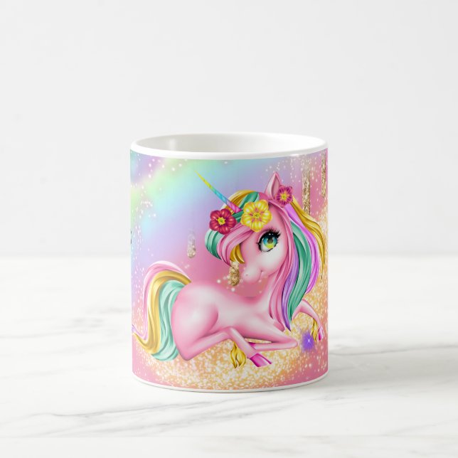Unicorn gnistra-flickor rosa DIY NAMN Kaffemugg (Center)