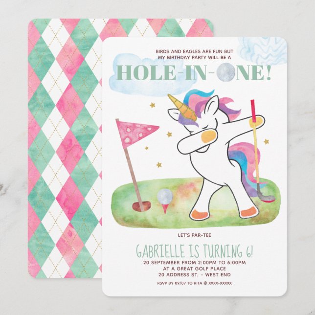 Unicorn Golf Födelsedagsfest Inbjudningar (Fram/baksida)