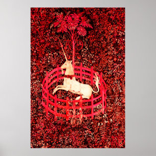 UNICORN GOTHIC FANTASY FLOWERS,RED BLOMMIGT MOTIFS POSTER