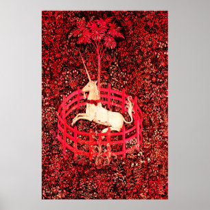 UNICORN GOTHIC FANTASY FLOWERS,RED BLOMMIGT MOTIFS POSTER