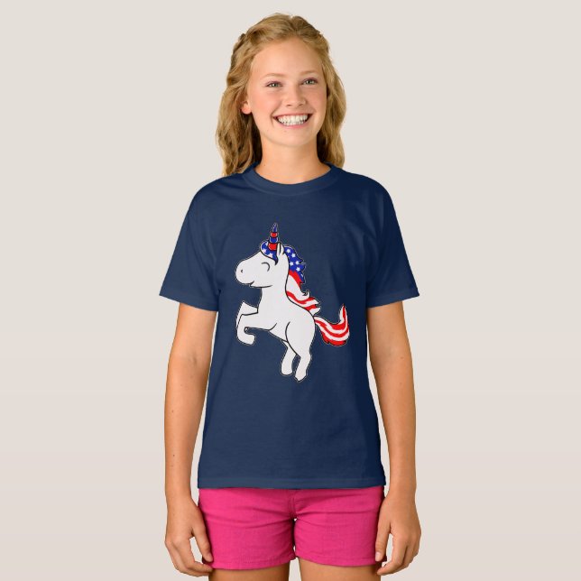 Unicorn Grått Patriotic USA flagga Tecknad Girls T Shirt (Hel framsida)