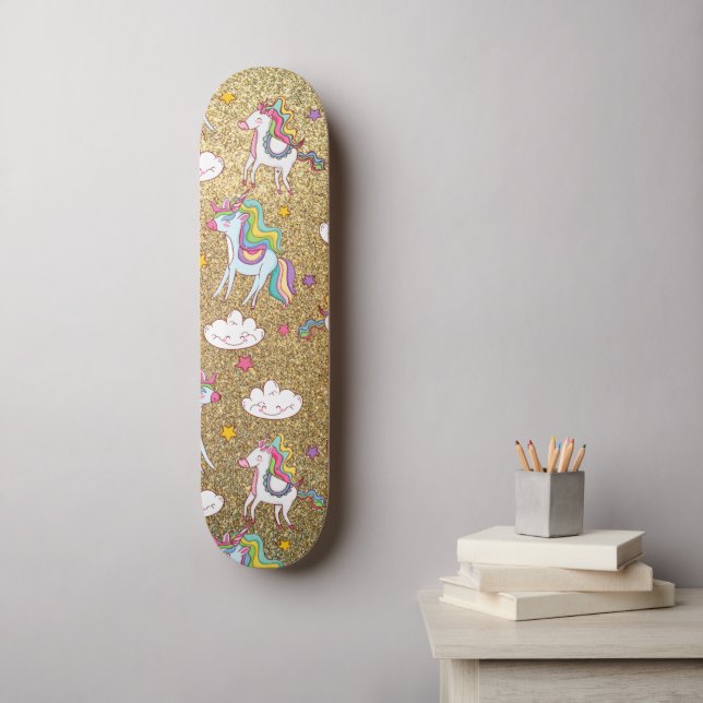 Unicorn guld glitter mönster mini skateboard bräda 18,5 cm (Väggkonst)