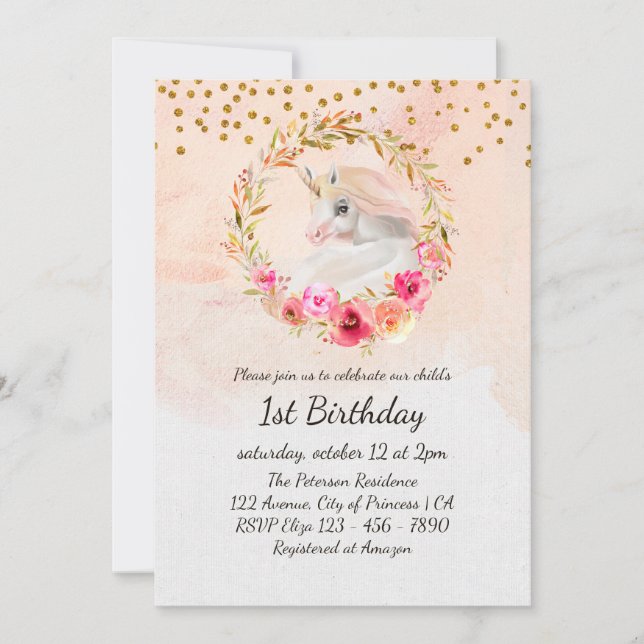 Unicorn Guld Glitter Rosa Flicka första födelsedag Inbjudningar (Framsida)