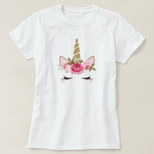 Unicorn Guld Rosa Blommigt Cute Trendig Girly T-Sh T Shirt