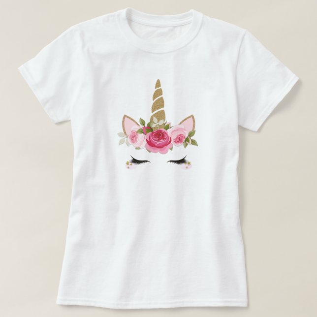 Unicorn Guld Rosa Blommigt Cute Trendig Girly T-Sh T Shirt (Design framsida)