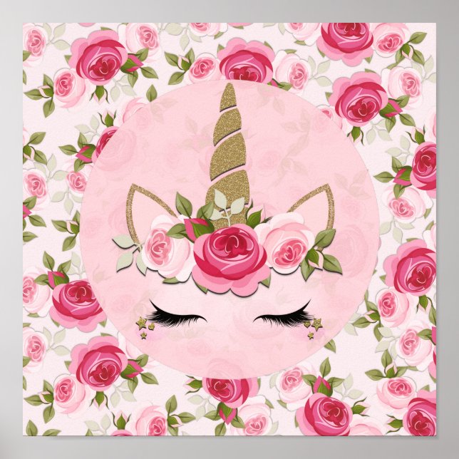 Unicorn Guld Rosa Blommigt Ro Cute Trendig Poster (Framsidan)