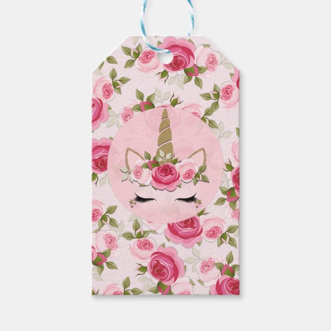 Unicorn Guld Rosa Blommigt Ro Födelsedagsfest Presentetikett (Framsidan)