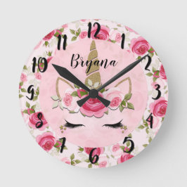 Unicorn Guld Rosa Blommigt Rosor Trendig Bedroom  Rund Klocka