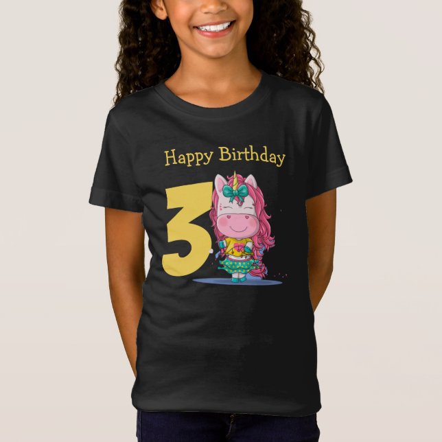 Unicorn gult 3-årsdag T-Shirt (Framsida)
