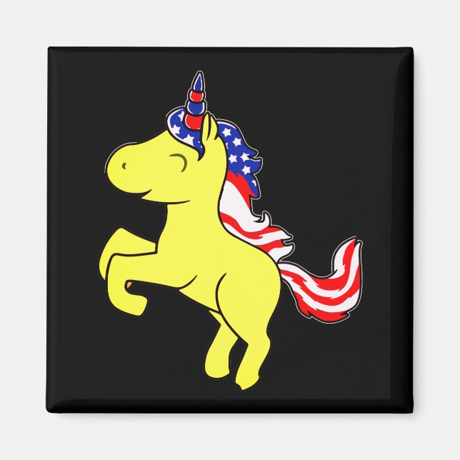 Unicorn Gult Patriotic USA flagga Mane Tecknad Magnet (Framsidan)