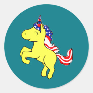 Unicorn Gult Patriotic USA flagga Mane Tecknad Runt Klistermärke