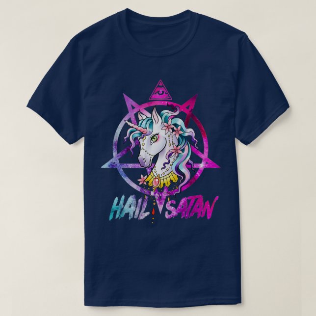 Unicorn Hail Satan Död Metall Rainbow Rave Manar W T Shirt (Design framsida)