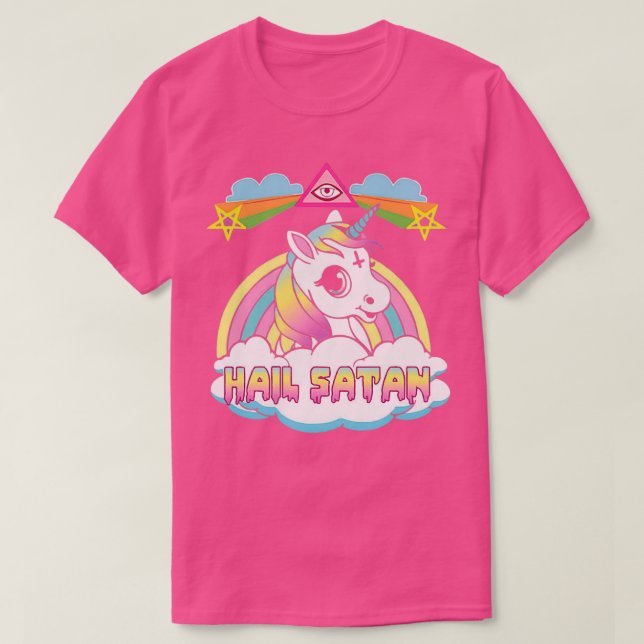 Unicorn Hail Satan Död Metall Rainbown T Shirt (Design framsida)