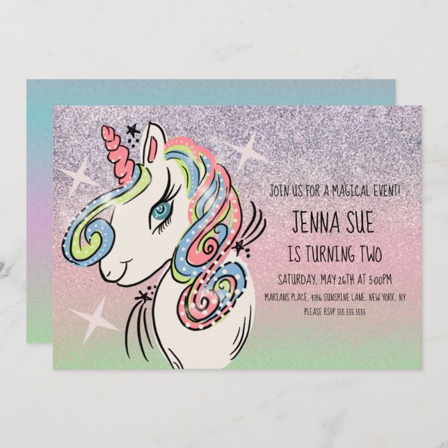 Unicorn Hand plockade Ombré Rainbow Birthday Inbjudningar (Fram/baksida)